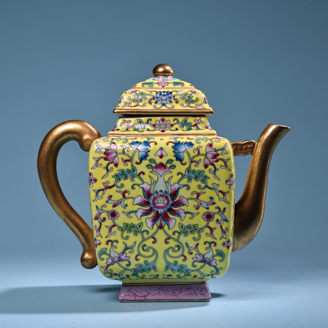 Enamel gilded gold colored porcelain square teapot