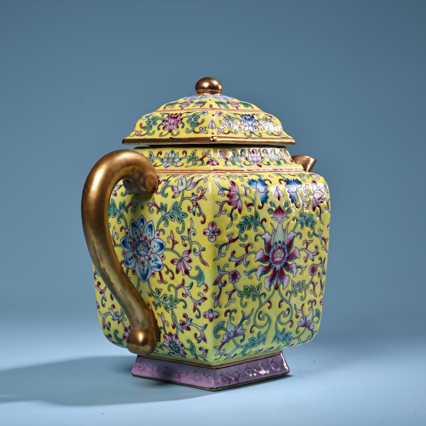 Enamel gilded gold colored porcelain square teapot