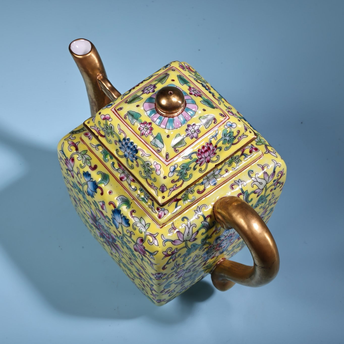 Enamel gilded gold colored porcelain square teapot