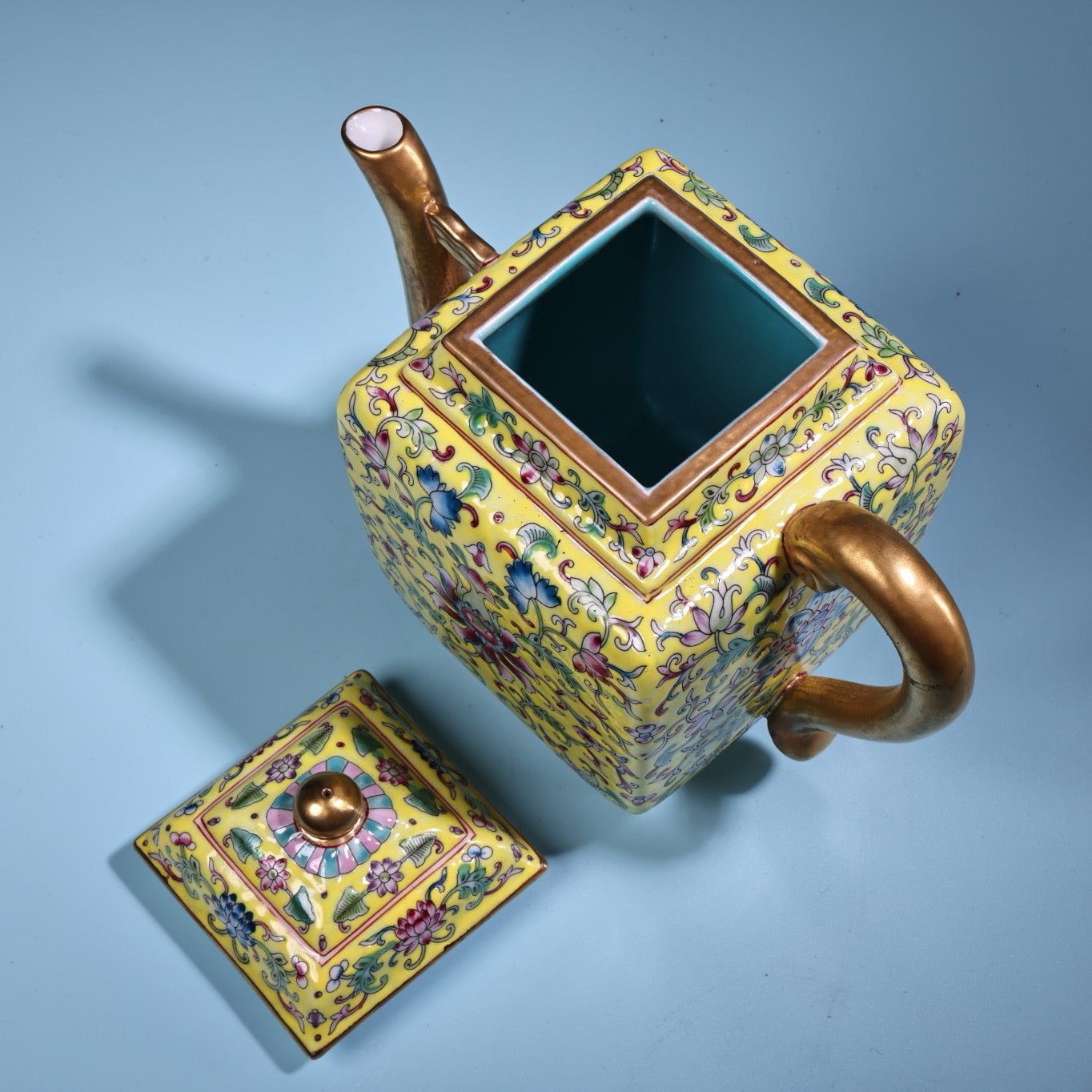 Enamel gilded gold colored porcelain square teapot