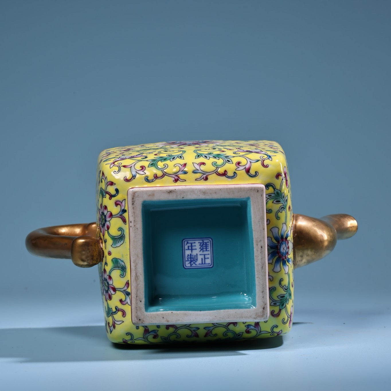 Enamel gilded gold colored porcelain square teapot
