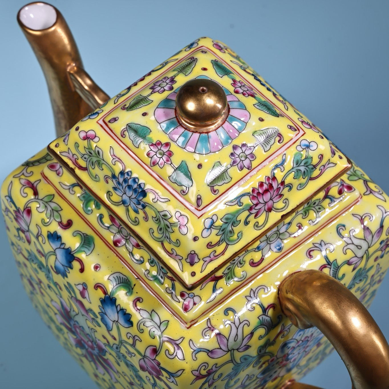 Enamel gilded gold colored porcelain square teapot