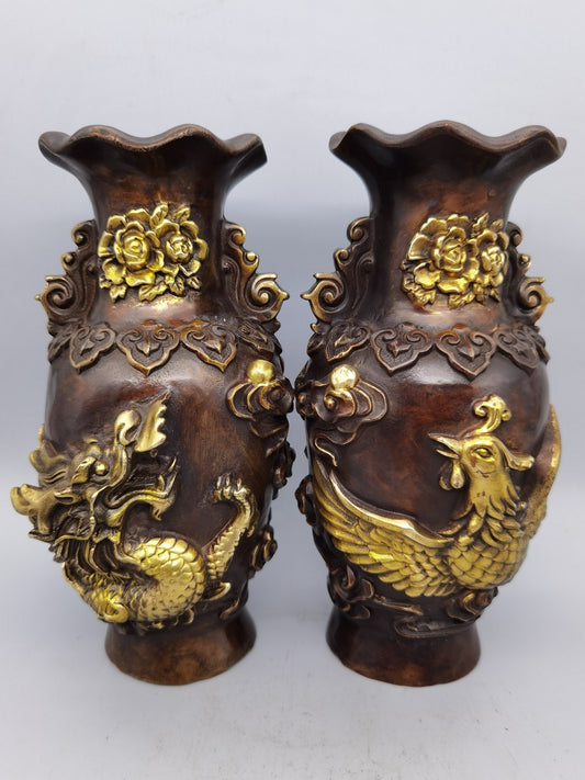 Chinese antique pure copper flower mouth dragon and phoenix vase