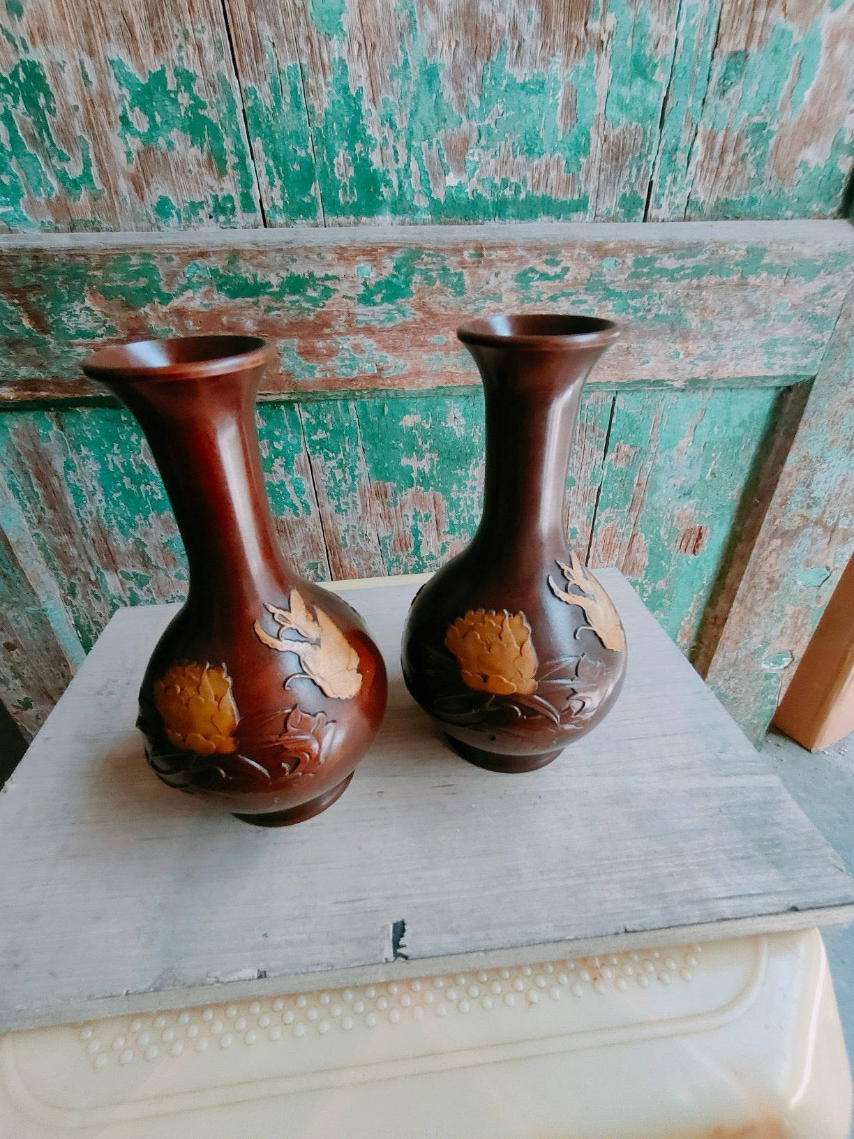 Chinese antique pure copper peony vase