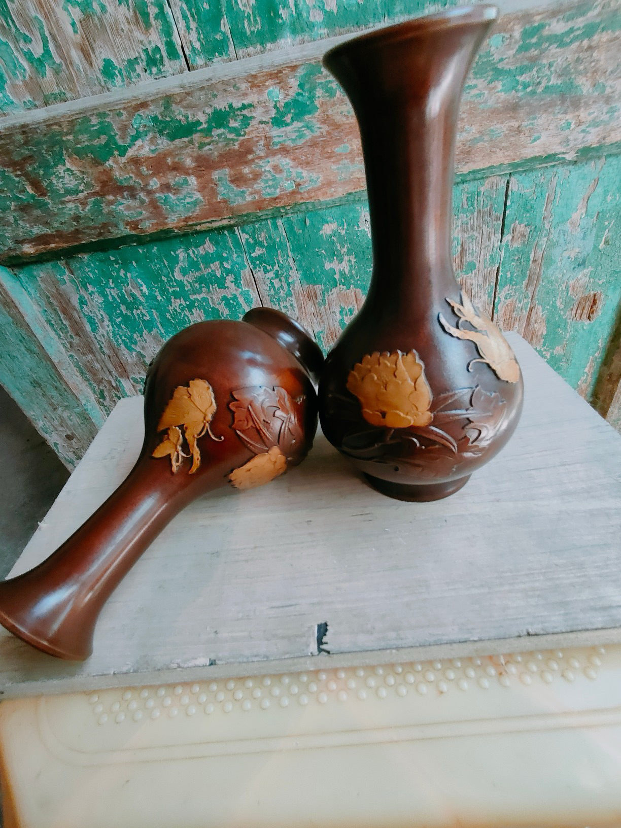 Chinese antique pure copper peony vase