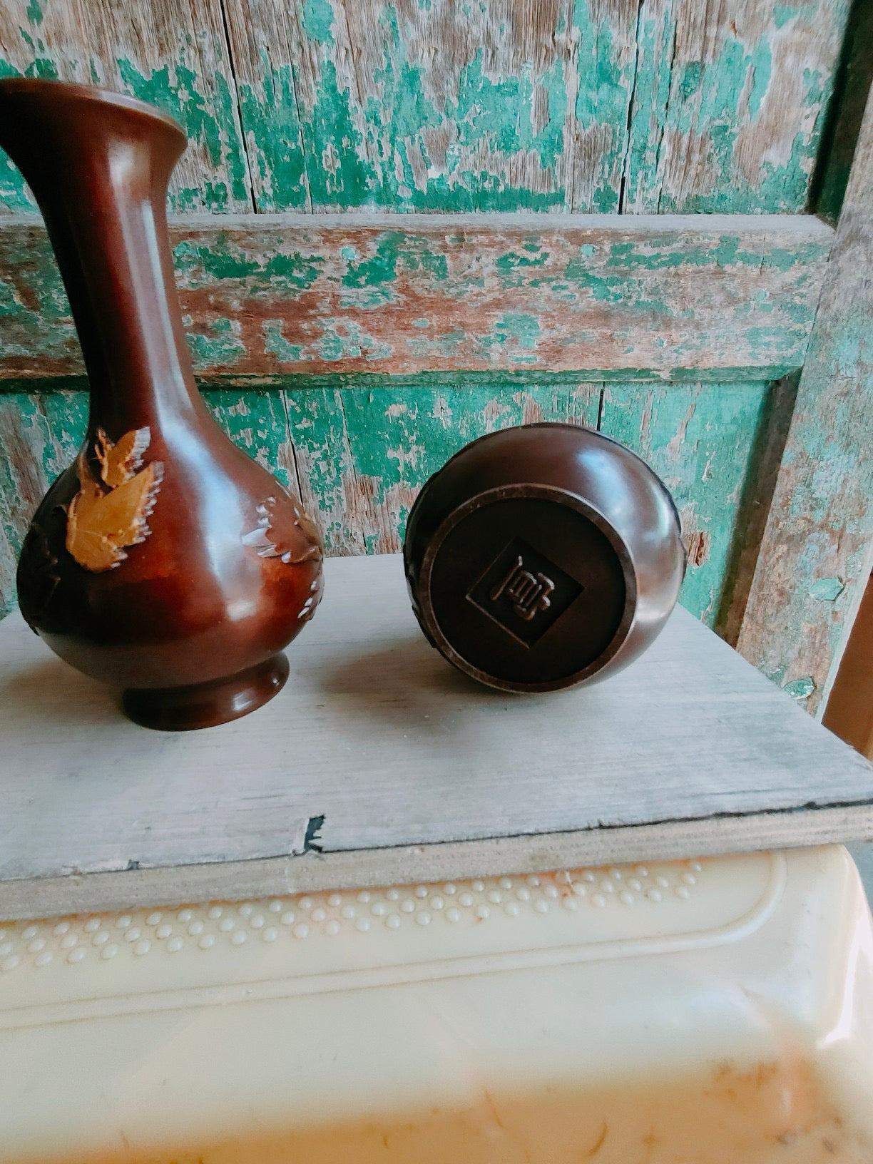 Chinese antique pure copper peony vase