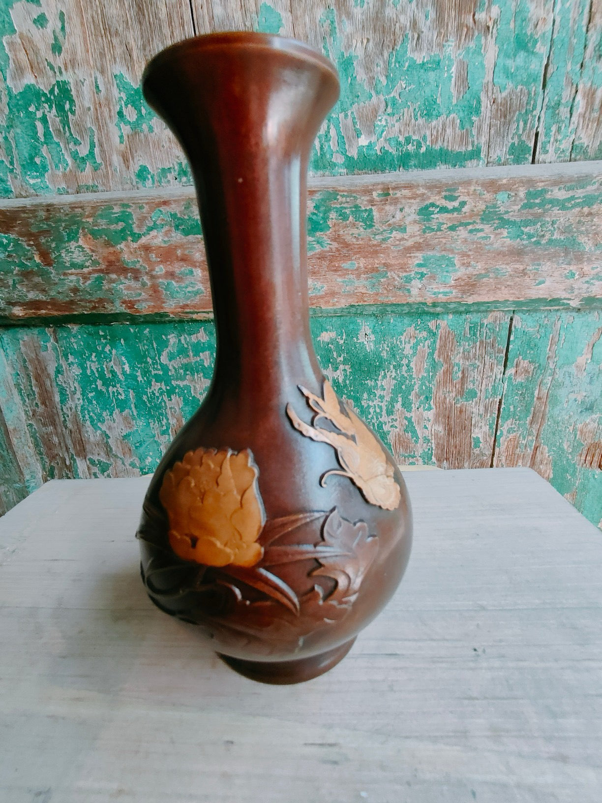 Chinese antique pure copper peony vase