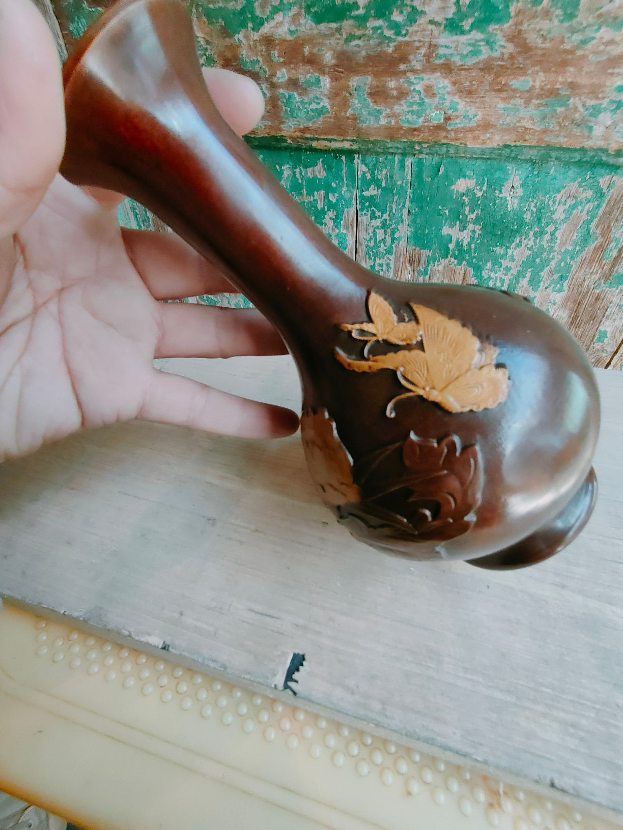 Chinese antique pure copper peony vase