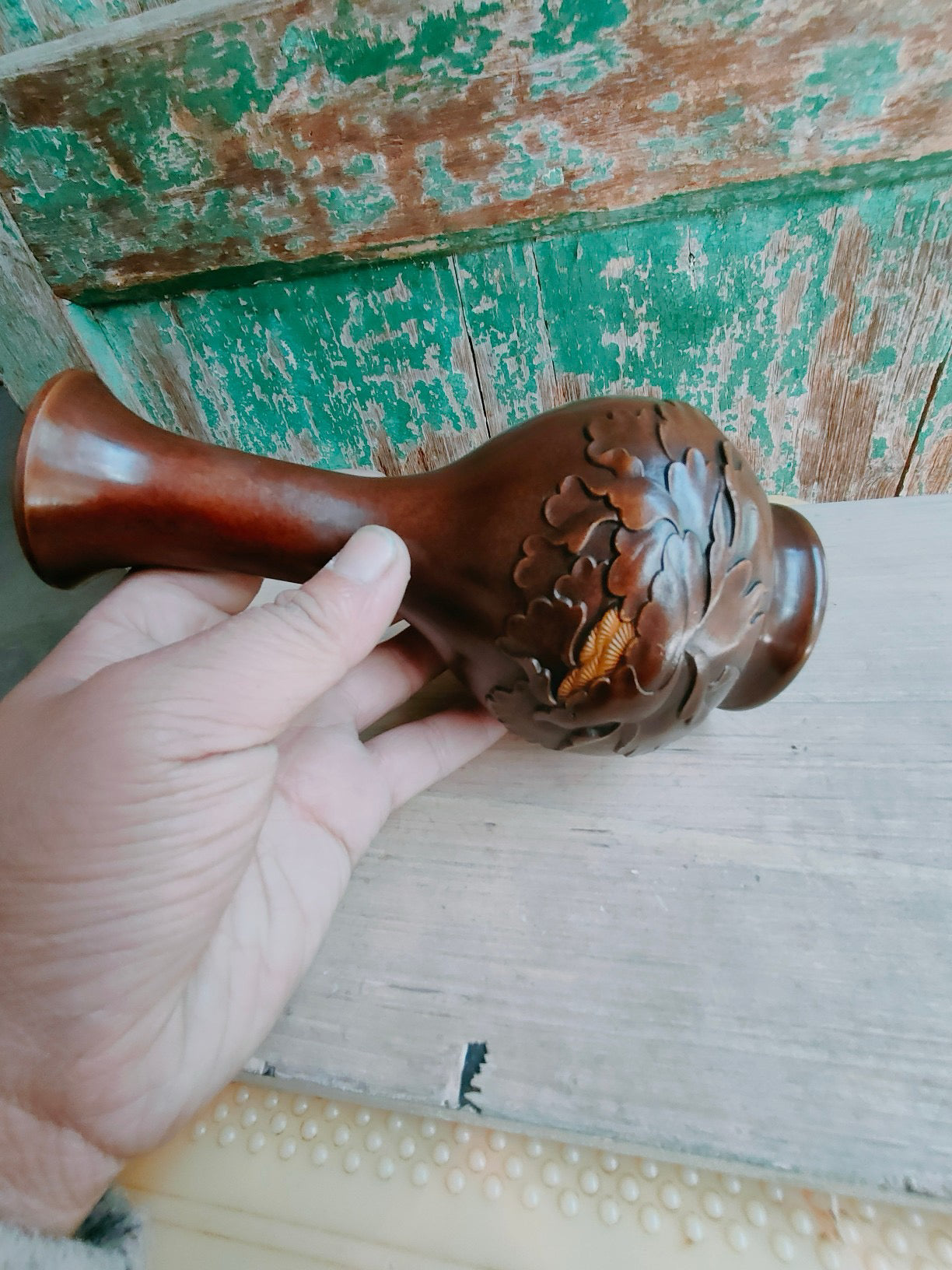 Chinese antique pure copper peony vase