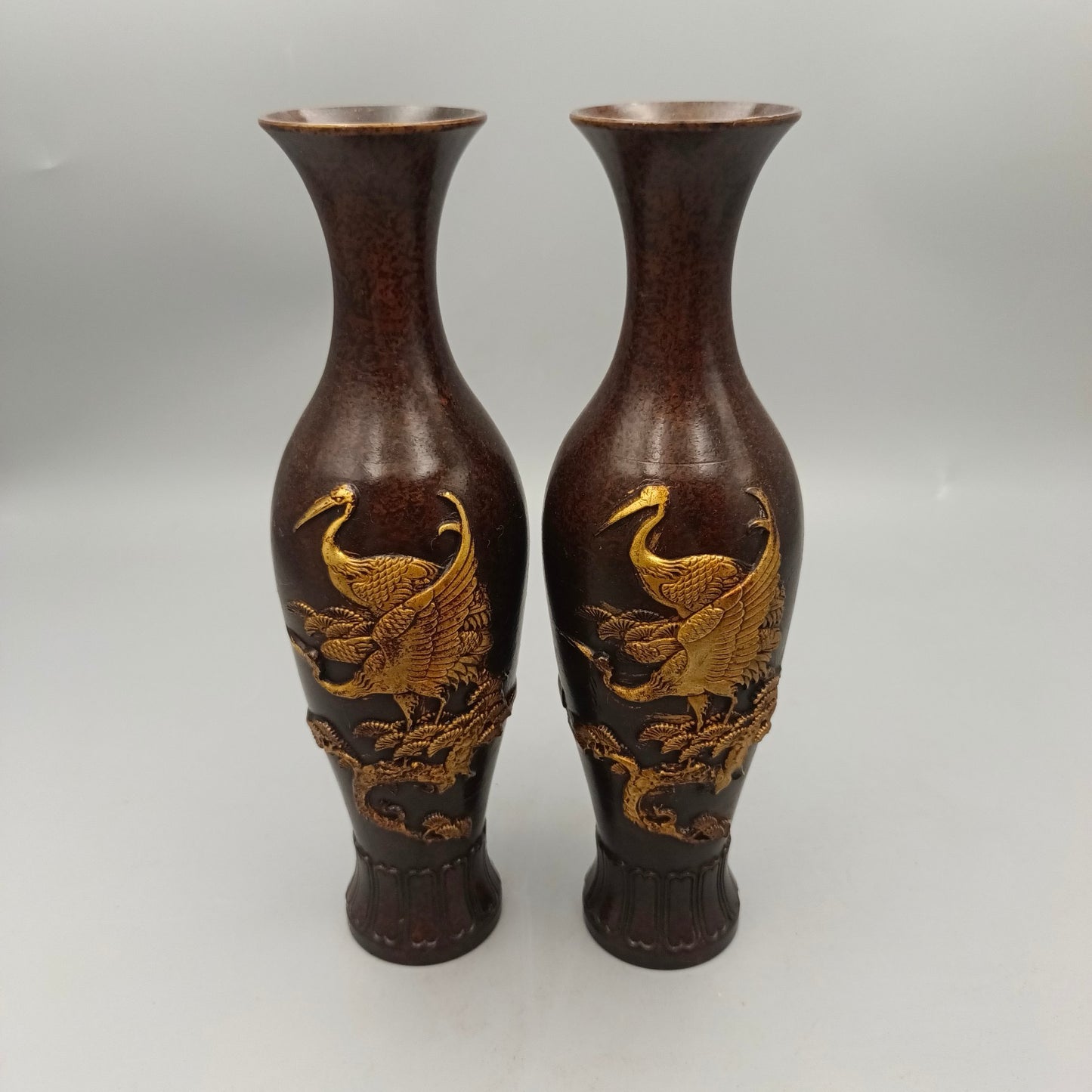 Chinese antique pure copper pine and crane longevity copper vase