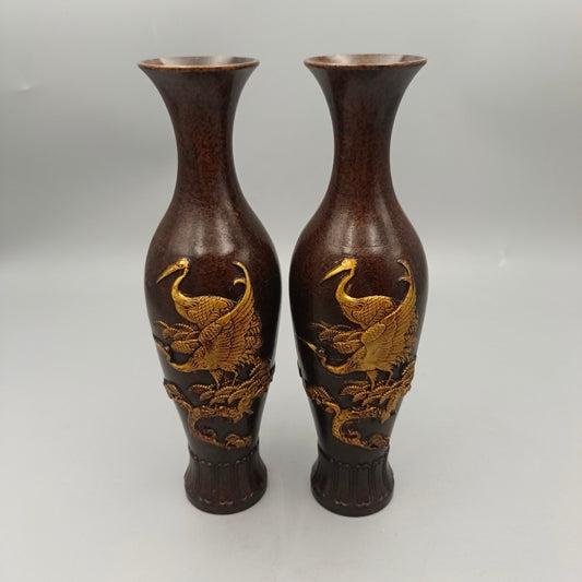 Chinese antique pure copper pine and crane longevity copper vase