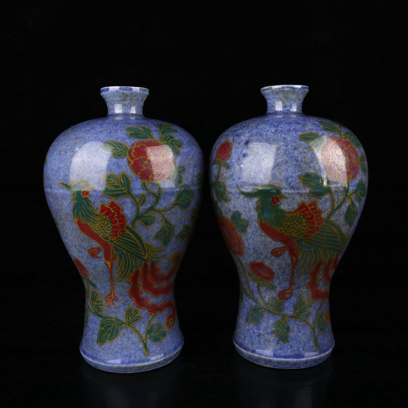 A pair of plum vases with snowflake orchid glaze and phoenix pattern