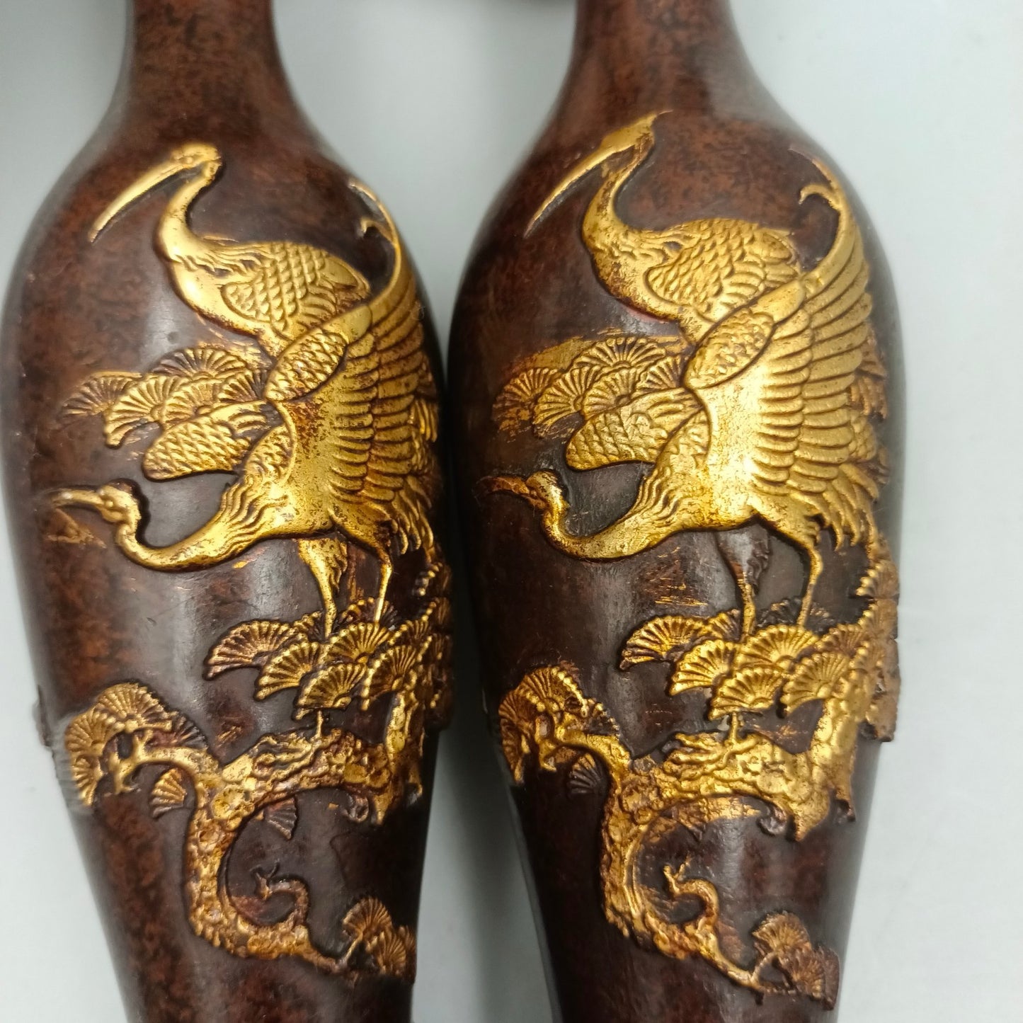 Chinese antique pure copper pine and crane longevity copper vase
