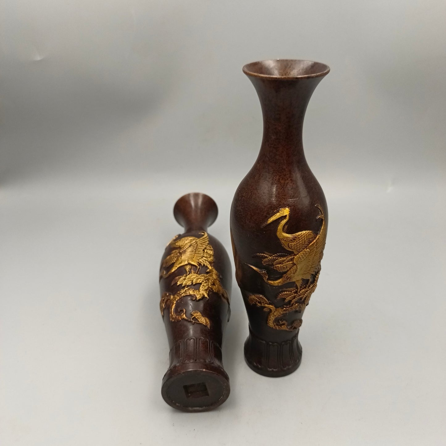 Chinese antique pure copper pine and crane longevity copper vase