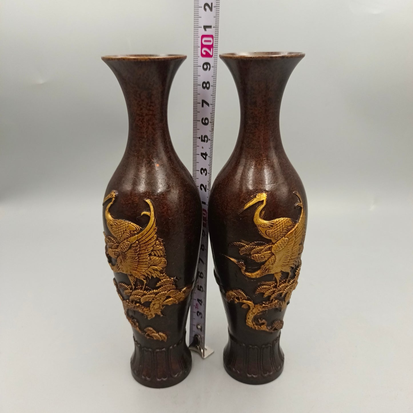 Chinese antique pure copper pine and crane longevity copper vase