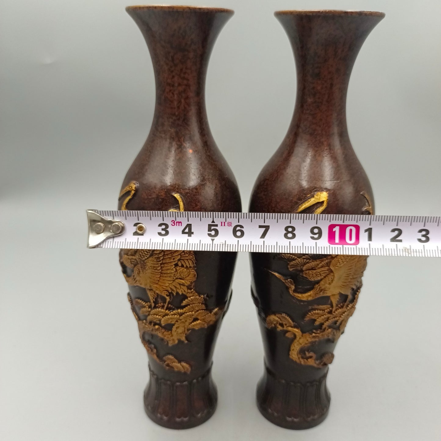 Chinese antique pure copper pine and crane longevity copper vase