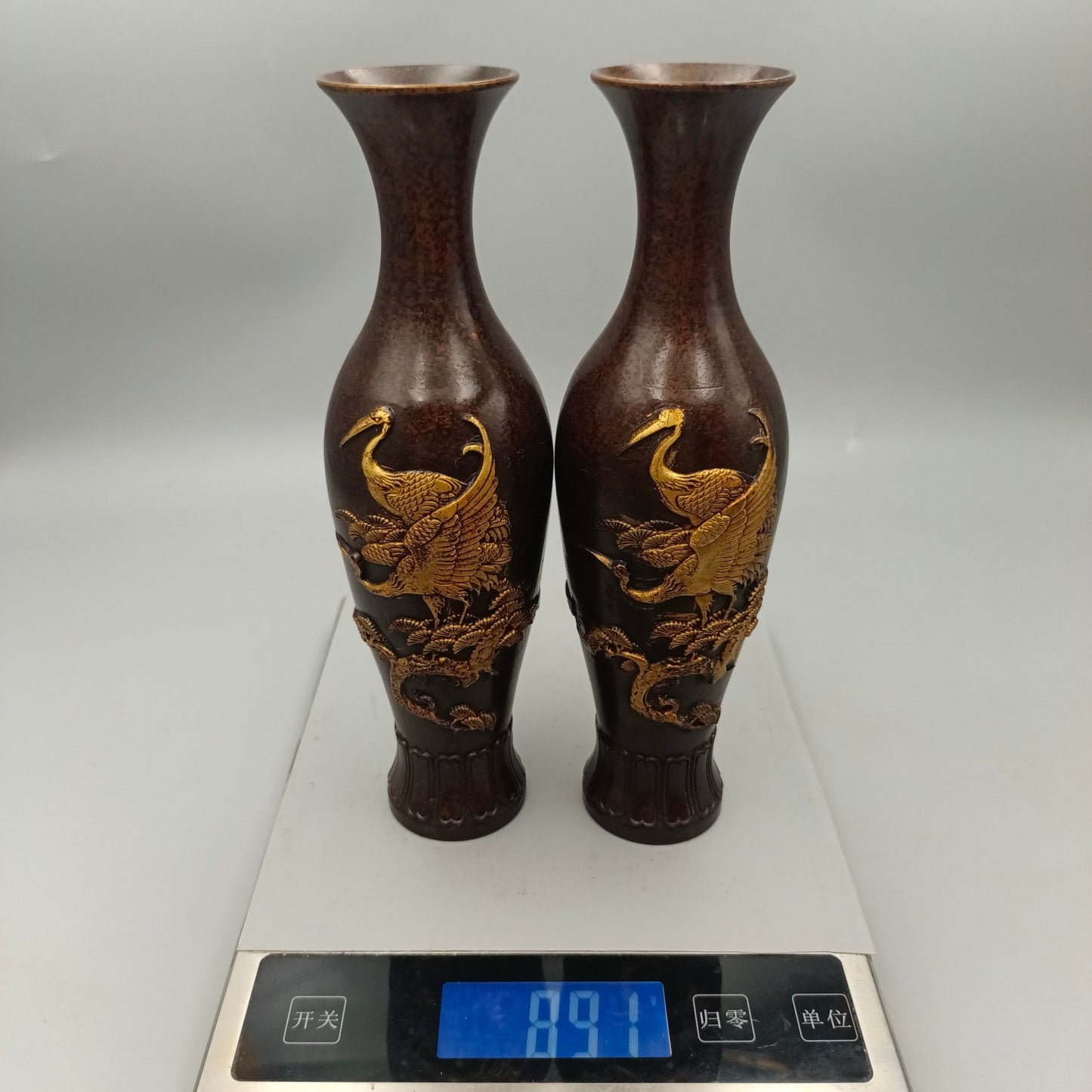 Chinese antique pure copper pine and crane longevity copper vase