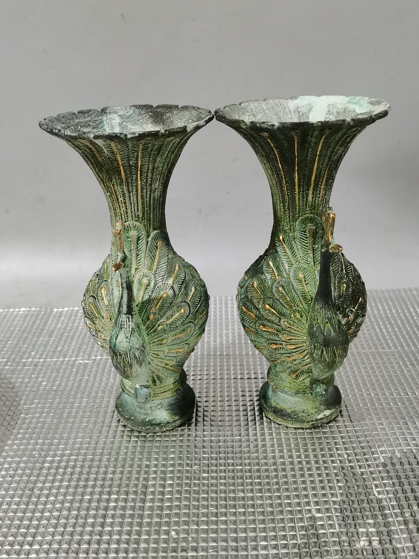 Chinese antique pure copper twin phoenix vase