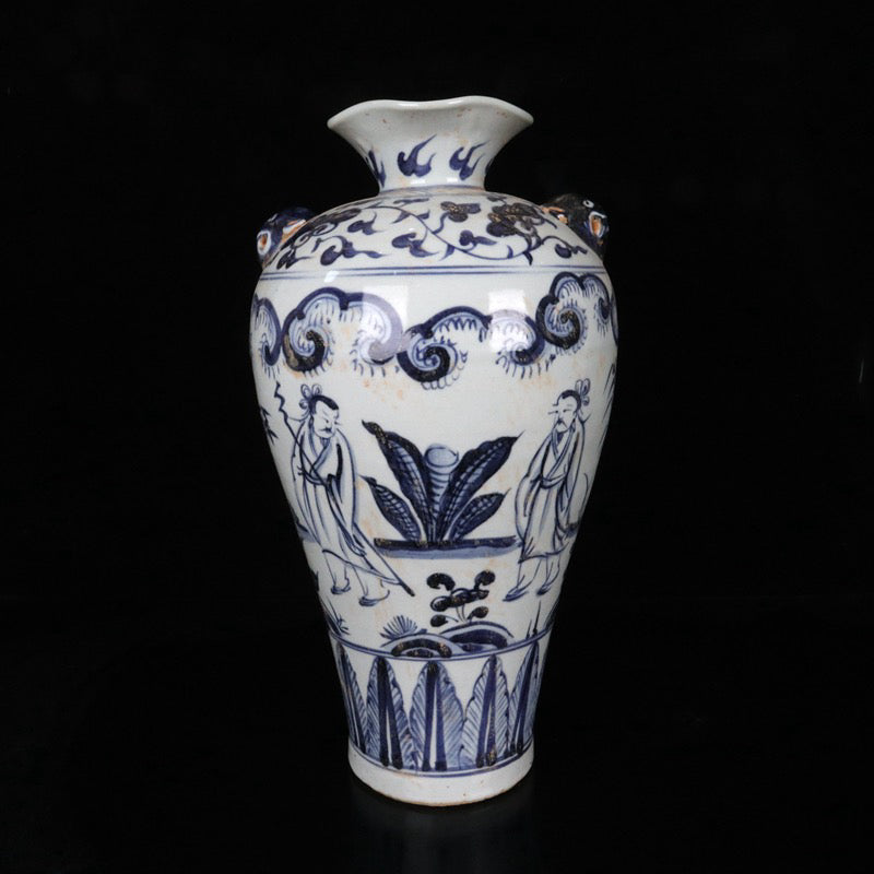 A pair of blue and white character stories, animal ear flower necked bottles with patterns