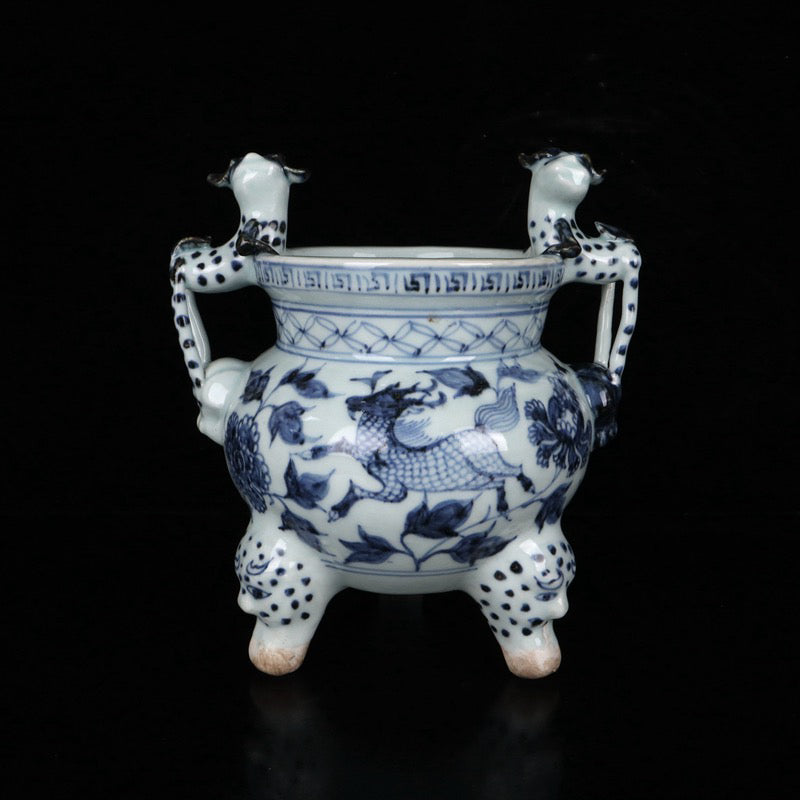 Blue and white qilin patterned double ear three legged incense burner