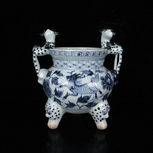 Blue and white qilin patterned double ear three legged incense burner