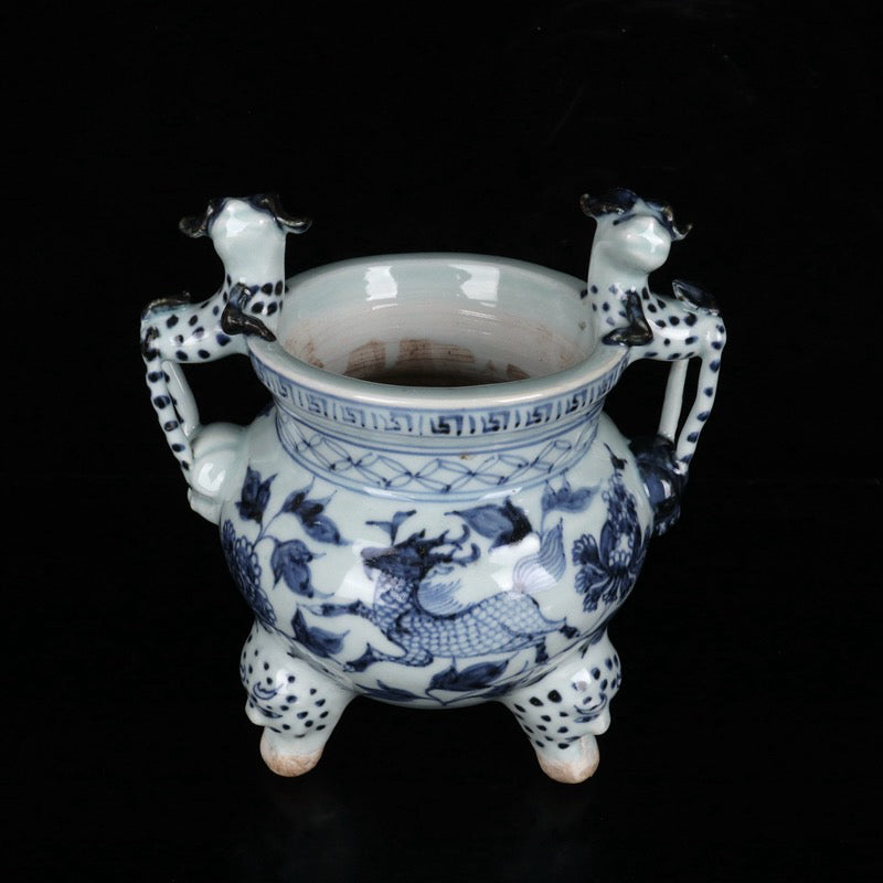 Blue and white qilin patterned double ear three legged incense burner