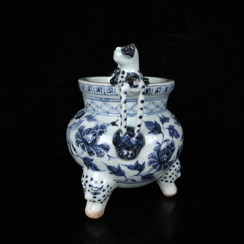 Blue and white qilin patterned double ear three legged incense burner