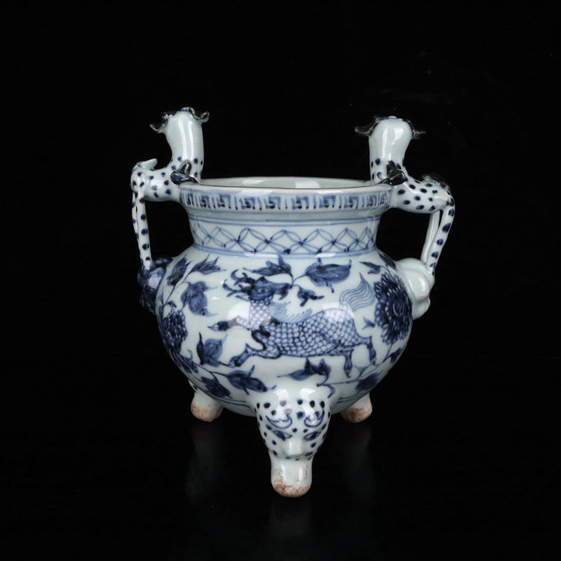 Blue and white qilin patterned double ear three legged incense burner