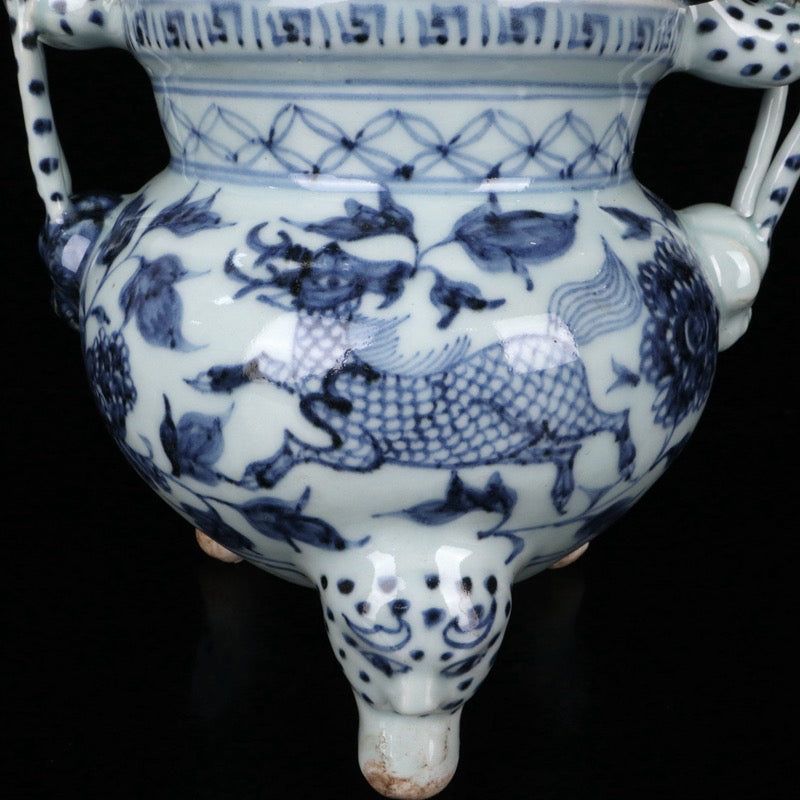 Blue and white qilin patterned double ear three legged incense burner
