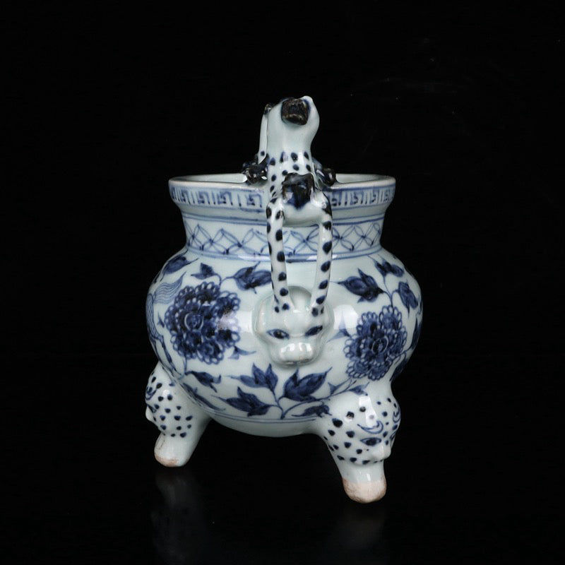 Blue and white qilin patterned double ear three legged incense burner