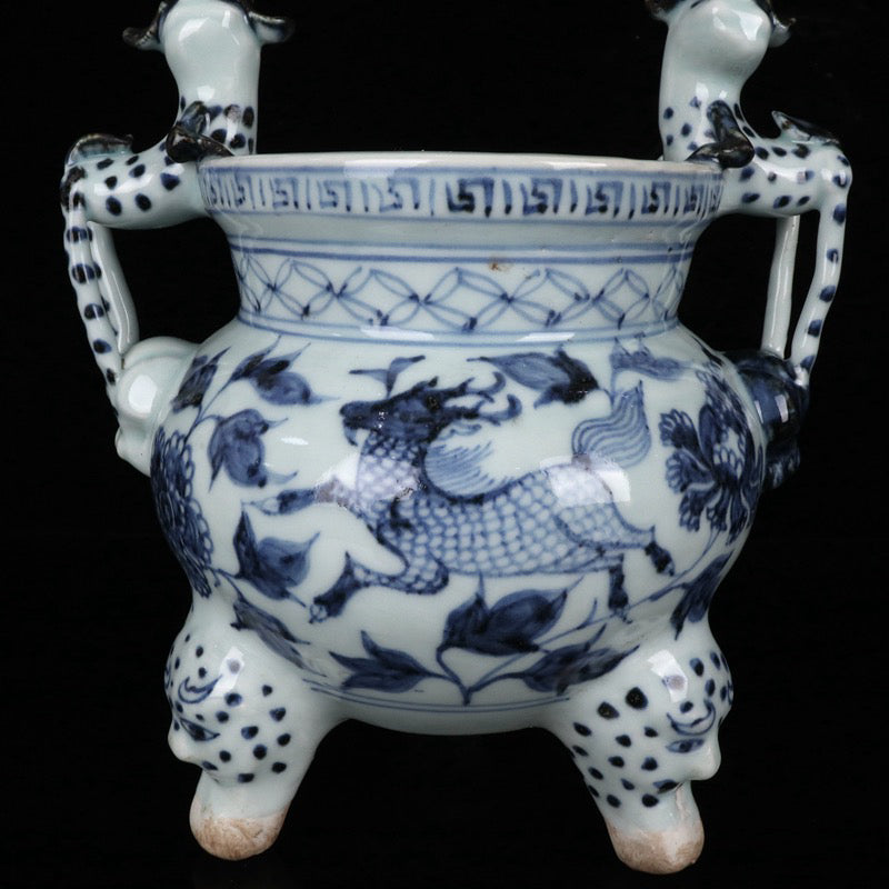 Blue and white qilin patterned double ear three legged incense burner