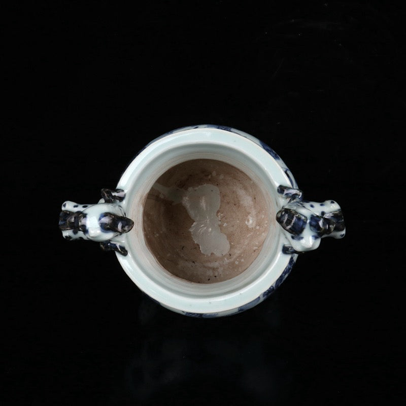 Blue and white qilin patterned double ear three legged incense burner