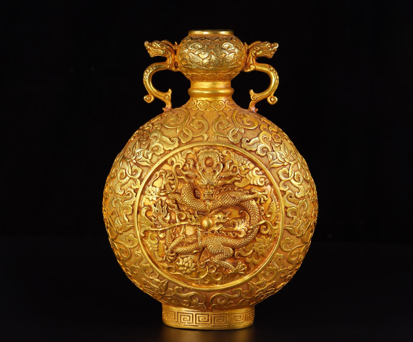 Chinese Antique Handcrafted Copper Plated True Gold High Relief Carved Pan Long Double Ear Bottle