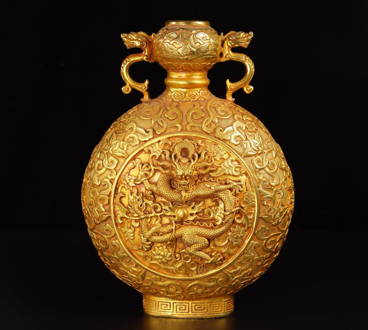 Chinese Antique Handcrafted Copper Plated True Gold High Relief Carved Pan Long Double Ear Bottle