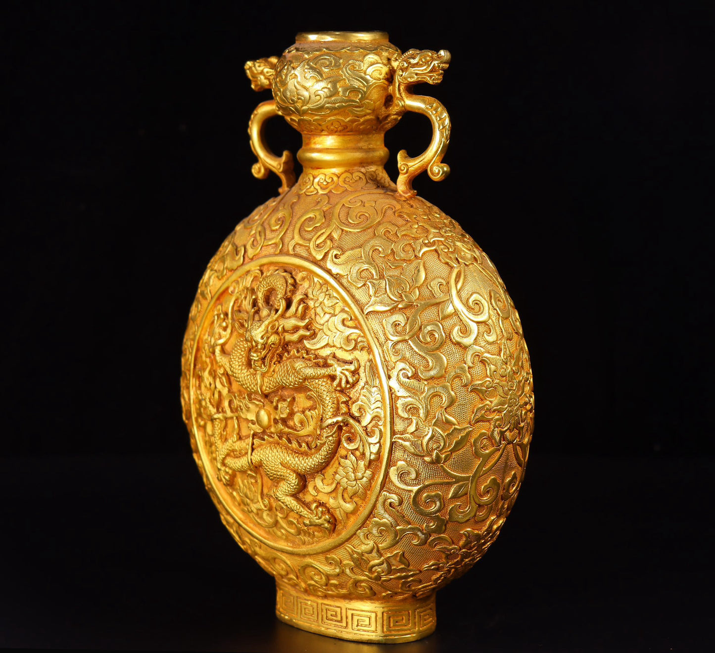 Chinese Antique Handcrafted Copper Plated True Gold High Relief Carved Pan Long Double Ear Bottle