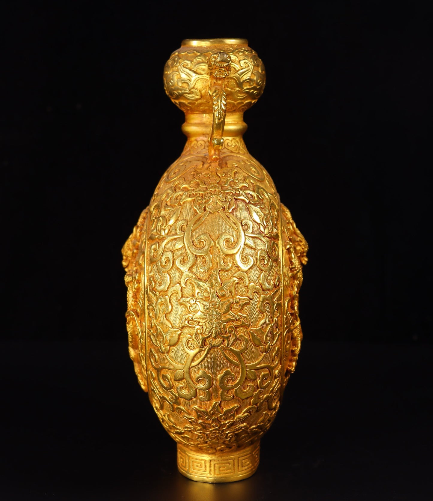 Chinese Antique Handcrafted Copper Plated True Gold High Relief Carved Pan Long Double Ear Bottle