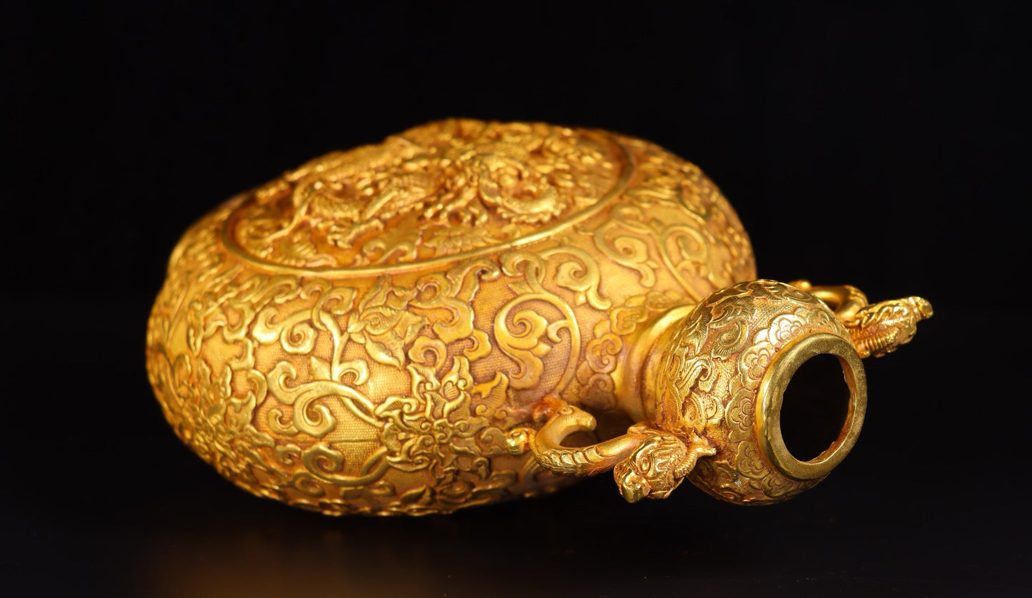 Chinese Antique Handcrafted Copper Plated True Gold High Relief Carved Pan Long Double Ear Bottle