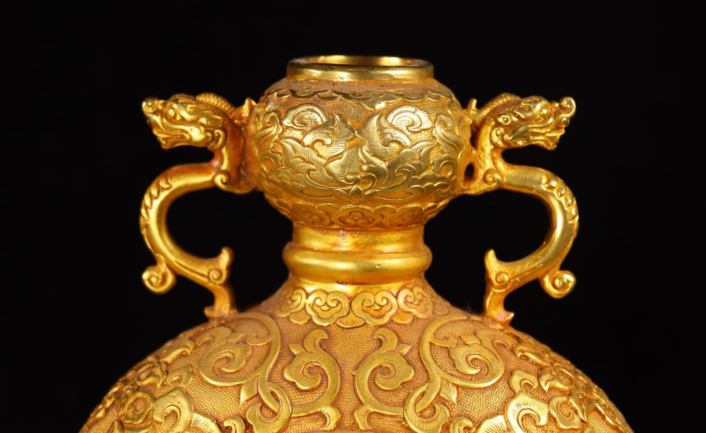 Chinese Antique Handcrafted Copper Plated True Gold High Relief Carved Pan Long Double Ear Bottle