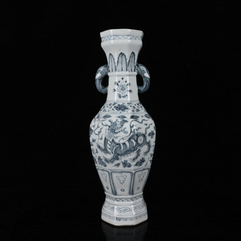 A pair of blue and white Kirin patterned elephant ear vases