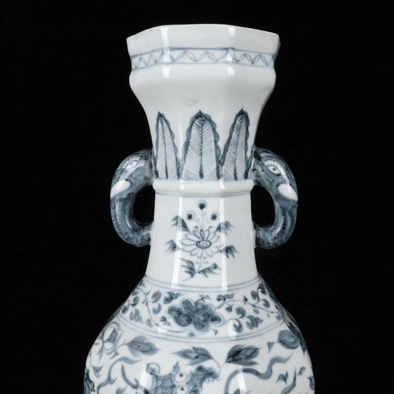 A pair of blue and white Kirin patterned elephant ear vases