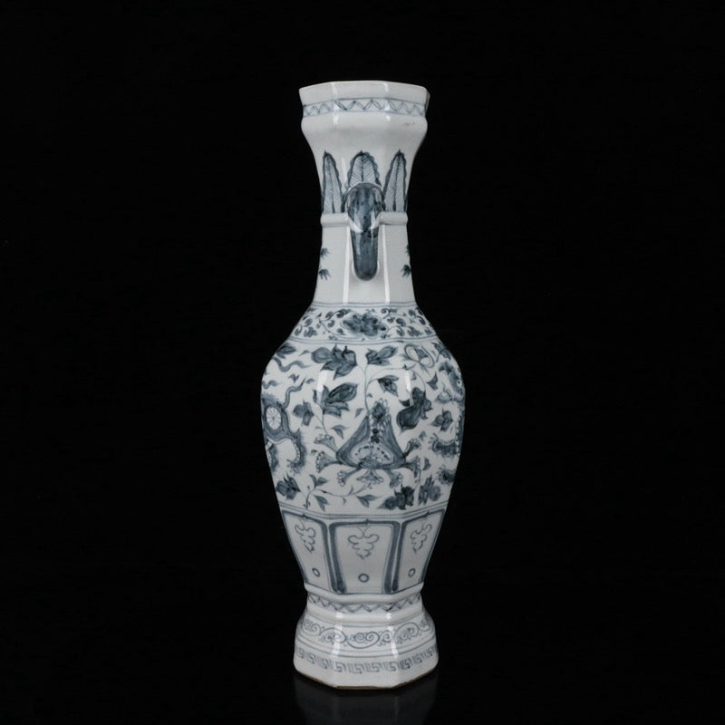 A pair of blue and white Kirin patterned elephant ear vases