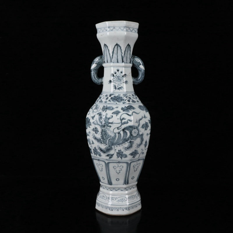 A pair of blue and white Kirin patterned elephant ear vases