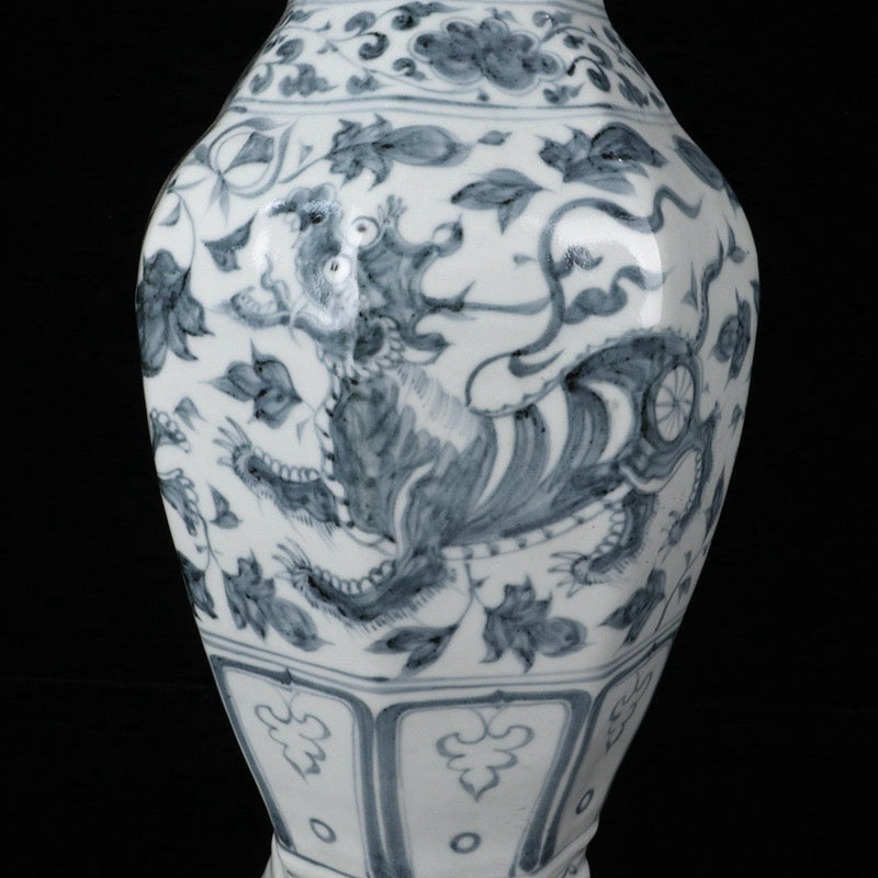 A pair of blue and white Kirin patterned elephant ear vases