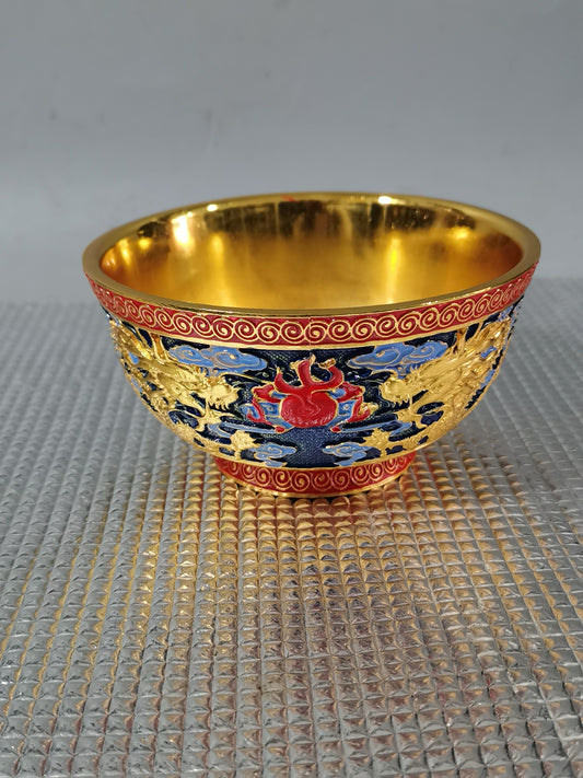 Double Dragon Playing Pearl Bowl with Twisted Wire Enamel Gilded Cloisonn é Blue Bowl