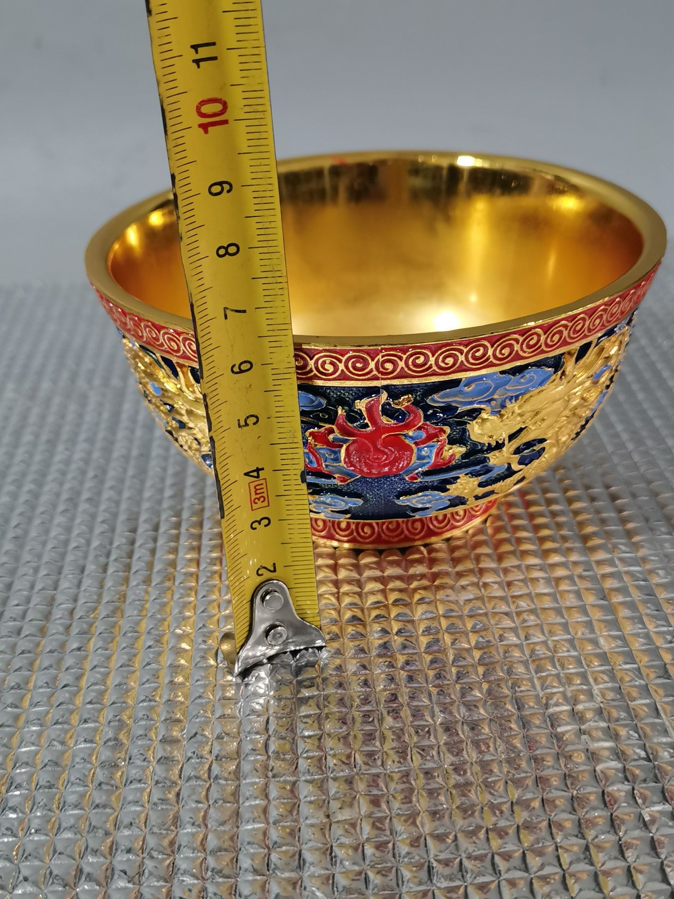 Double Dragon Playing Pearl Bowl with Twisted Wire Enamel Gilded Cloisonn é Blue Bowl