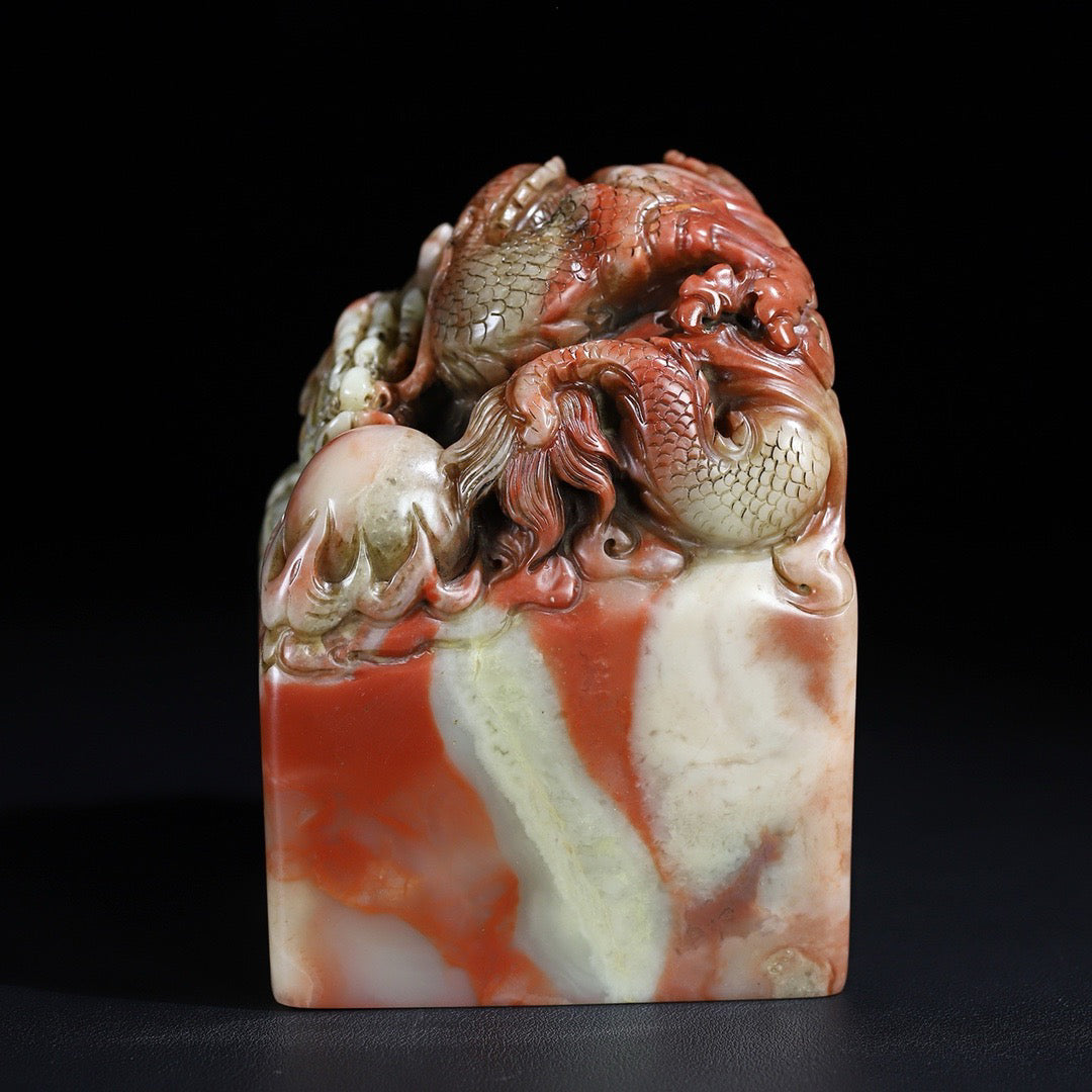 Chinese Antique Shoushan Stone Furong Stone Tenglong Playing Pearl Dragon Button Seal