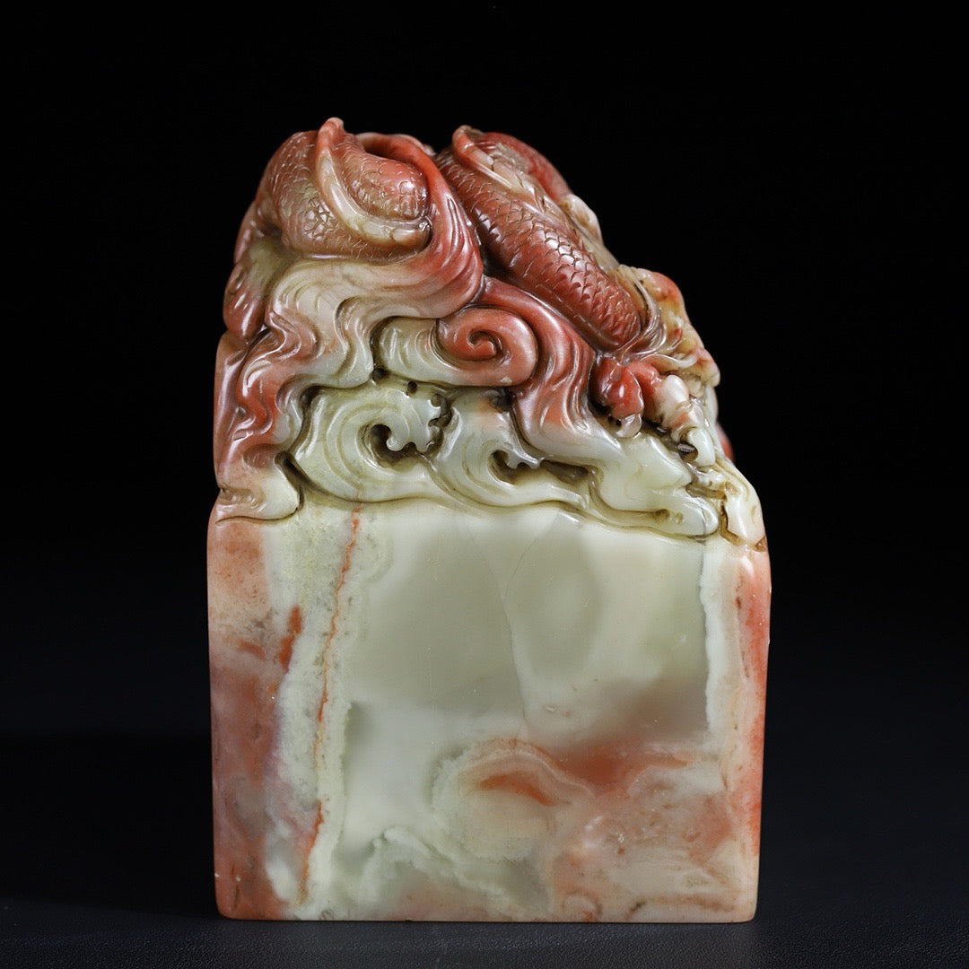 Chinese Antique Shoushan Stone Furong Stone Tenglong Playing Pearl Dragon Button Seal