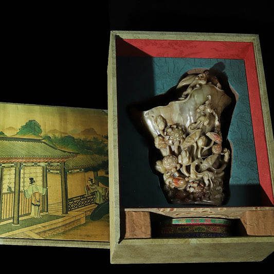 Chinese antique Shoushan stone, hibiscus, frozen stone, hollowed out carving, lotus flower, dragon shaped wine cup seal ornament