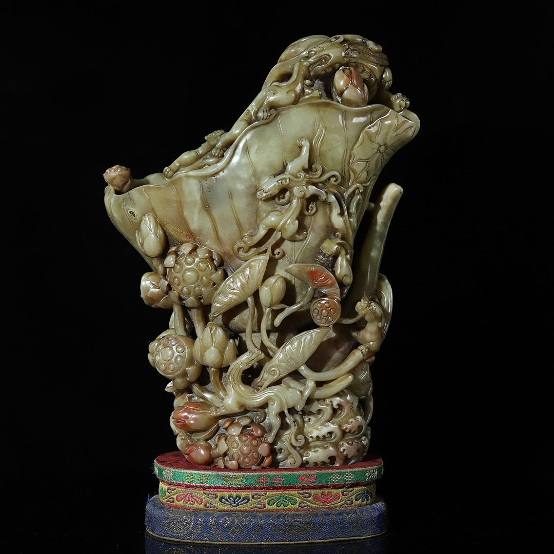 Chinese antique Shoushan stone, hibiscus, frozen stone, hollowed out carving, lotus flower, dragon shaped wine cup seal ornament