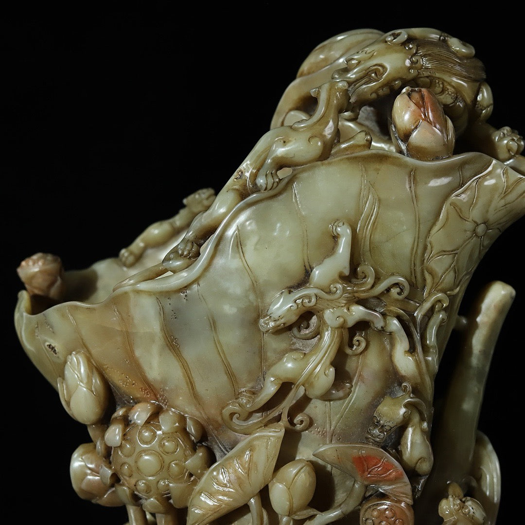 Chinese antique Shoushan stone, hibiscus, frozen stone, hollowed out carving, lotus flower, dragon shaped wine cup seal ornament
